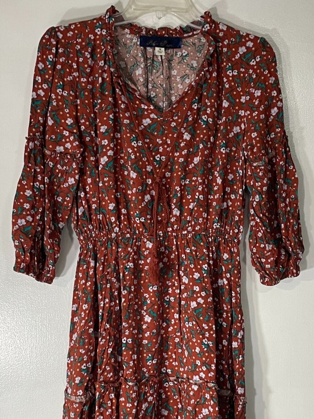 Blue Rain Women’s Rust Floral Boho Dress Size Med V‑Neck 3/4 Sleeve Rayon